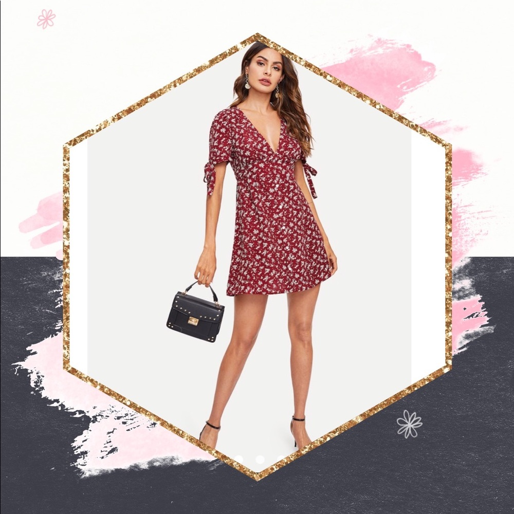 NWT SHEIN Plunging Tie Cuff Floral Tea Dress